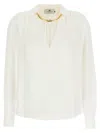Elisabetta Franchi Pleated Shoulder Long Sleeve Shirt With Gold Hardware In White