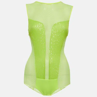 Elisabetta Franchi Neon Green Mesh Sequin Bodysuit
