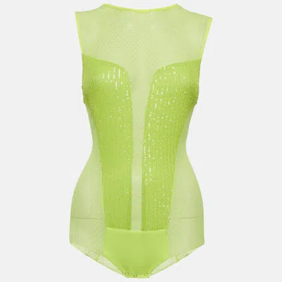Pre-owned Elisabetta Franchi Neon Green Mesh Sequin Bodysuit M