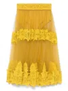 Elisabetta Franchi Ochre Yellow Midi Skirt With Lace Panels In Beige