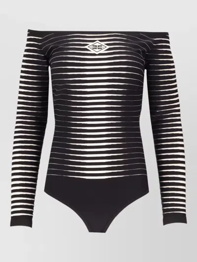 Elisabetta Franchi Off Shoulder Striped Long Sleeve Bodysuit In Black