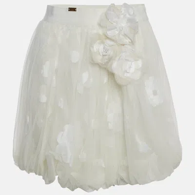 Pre-owned Elisabetta Franchi Off White Tulle Floral Applique Balloon Mini Skirt M