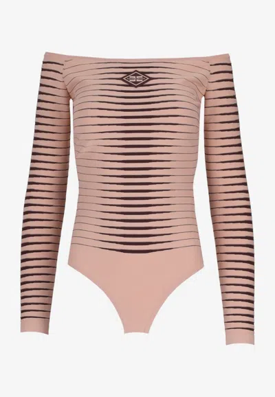 Elisabetta Franchi Off-shoulder Knit Bodysuit Top In Nude