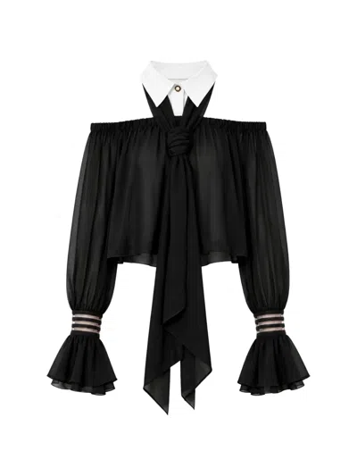 Elisabetta Franchi Off-shoulder Pussy-bow Blouse In Black