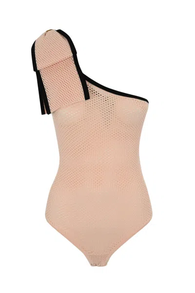 Elisabetta Franchi One-shoulder Bow Bodysuit In Net Stitch In Rosa Baby/nero