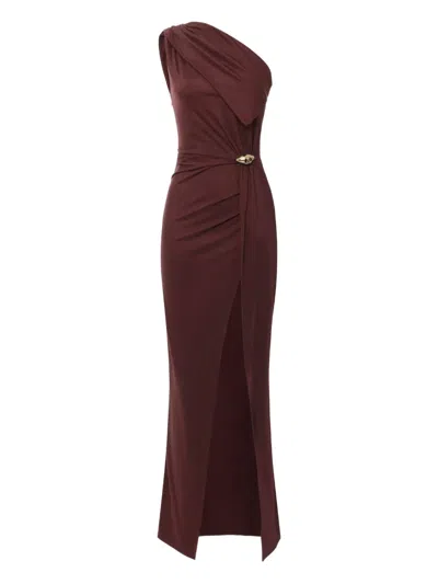Elisabetta Franchi One-shoulder Draped Gown In Chocolate Brown