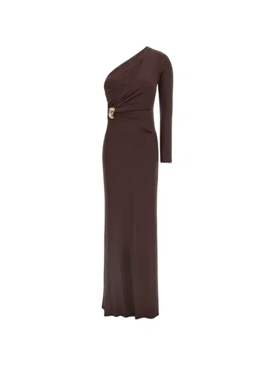 Elisabetta Franchi One-shoulder Jewel Long Dress In Brown