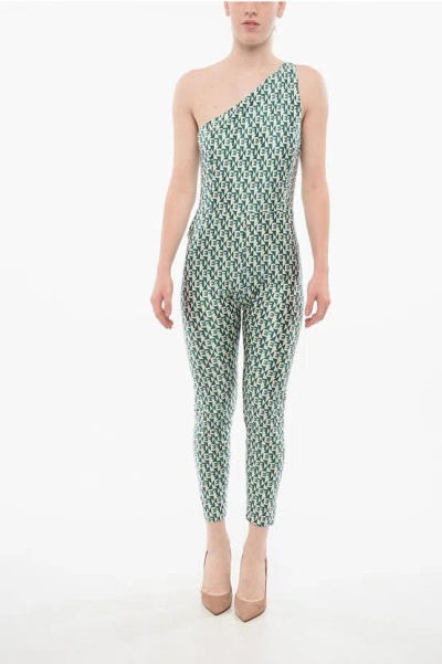 Elisabetta Franchi One-shoulder Jumpsuit With Monogram Motif In Green