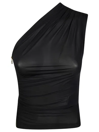 Elisabetta Franchi One Shoulder Ruched Side Zipper Tank Top In Black