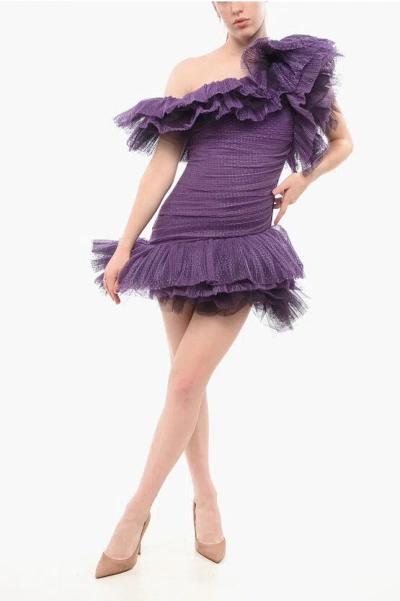 Elisabetta Franchi One-shoulder Ruffle Tulle Dress With Polka Dot Motif In Purple