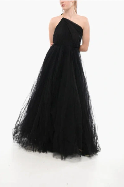 Elisabetta Franchi One-shoulder Tulle Maxidress In Black