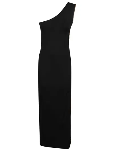 Elisabetta Franchi One-shoulder Form-fitting Midi Dress With Side Zipper Detail In Black
