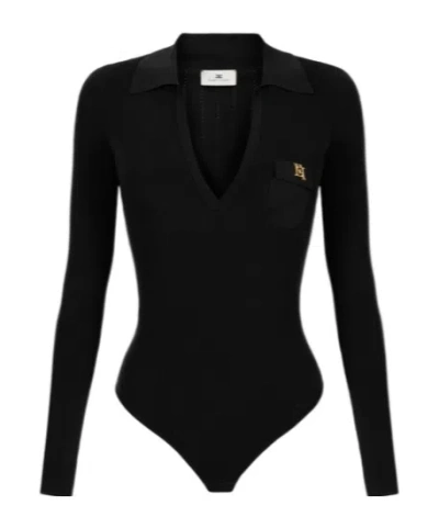 Elisabetta Franchi Openwork Embroidered Knitted Bodysuit In Black