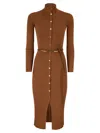 Elisabetta Franchi Dress In Openwork Knit Fabric With Jewel Belt In Brown