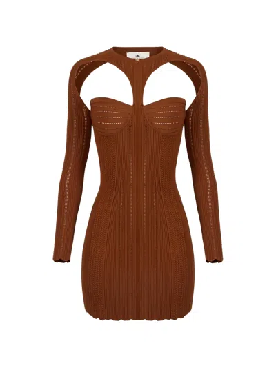 Elisabetta Franchi Openwork Shrug Knit Mini Dress In Brown