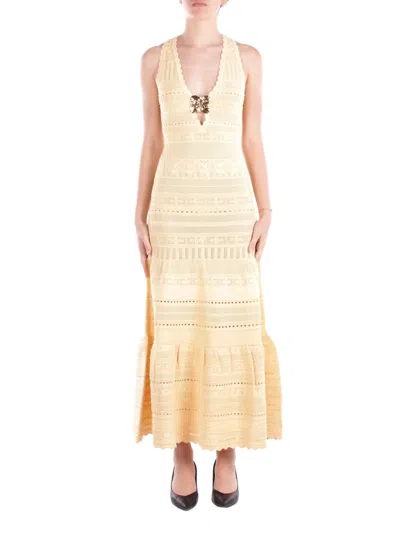 Elisabetta Franchi Openwork Sleeveless Maxi Dress In Yellow