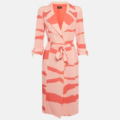 Pre-owned Elisabetta Franchi Orange/ Peach Abstract Print Crepe Belted Coat Dress S