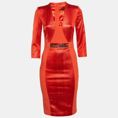 Pre-owned Elisabetta Franchi Orange Python Textured Satin And Crepe Sheath Dress M