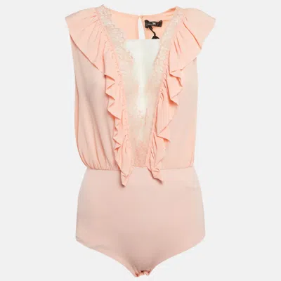 Pre-owned Elisabetta Franchi Orange/peach Silk Lace Trimmed Bodysuit Top M