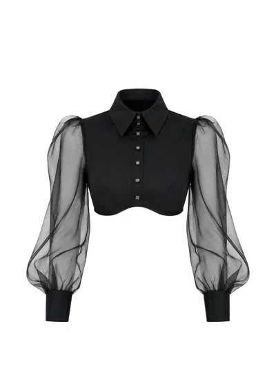 Elisabetta Franchi Organza-sleeve Cropped Shirt In Black