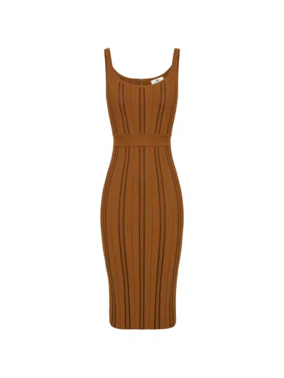 Elisabetta Franchi Midi Jacquard Knitted Dress With Round Neckline In Brown