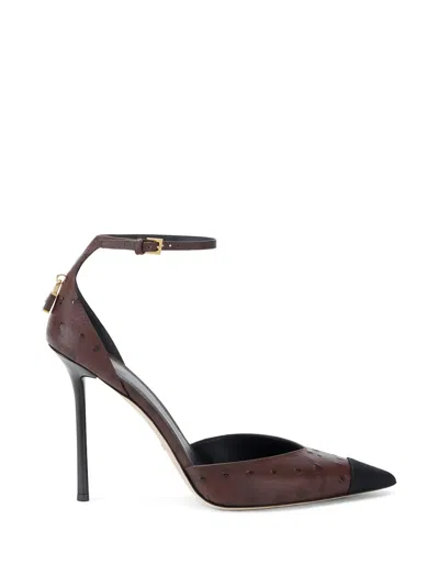 Elisabetta Franchi Ostrich Texture Jewelled Pumps In Brown