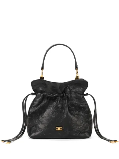 Elisabetta Franchi Ostrich-texture Drawstring-fatening Leather Tote Bag In Black