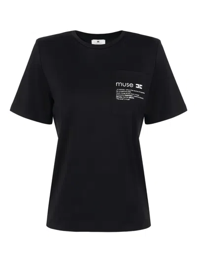 Elisabetta Franchi Padded-shoulders Pocket T-shirt In Black