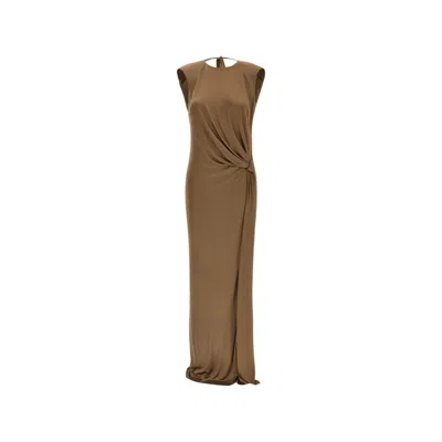 Elisabetta Franchi Red Carpet Shiny Viscose Jersey Long Dress With Side Slit Clothing In Brown