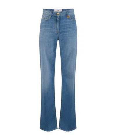 Elisabetta Franchi Palazzo Jeans With Logo Detail In Blue