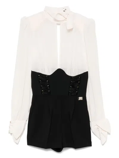 Elisabetta Franchi Panelled Criss-cross Laces Playsuit In Beige