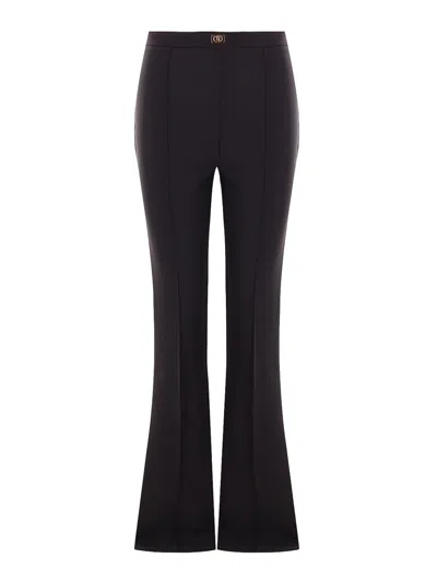 Elisabetta Franchi Crpe Bell-bottom Trousers With Logo Plaque In Black