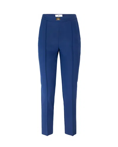 Elisabetta Franchi Blue Crepe Trousers With Logo Plaque