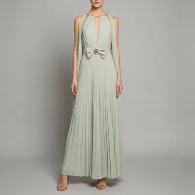 Pre-owned Elisabetta Franchi Pastel Green Lurex Jersey Plunge Neck Plisse Maxi Dress L