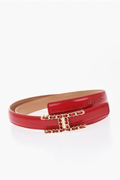 Elisabetta Franchi Patent Faux Leather Belt With Rhinestoned Logo
