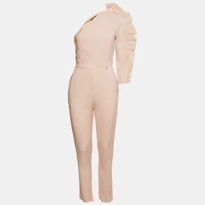Pre-owned Elisabetta Franchi Peach Gingham Cotton Ruffled One Shoulder Jumpsuit M In Pink