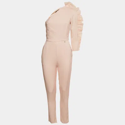 Elisabetta Franchi Peach Gingham Cotton Ruffled One Shoulder Jumpsuit In Pink