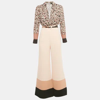 Pre-owned Elisabetta Franchi Peach/multicolor Printed Crepe Detachable Belted Jumpsuit S