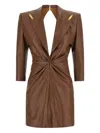 Elisabetta Franchi Crackled Leather-effect Dress With Lapels In Brown