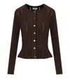 Elisabetta Franchi Peplum Hem Cardigan With Gold Logo Buttons And Sheer Panels In Brown