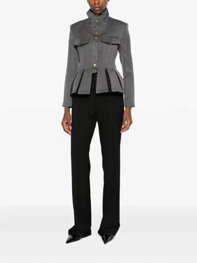 Elisabetta Franchi Peplum-hem High-neck Fitted Jacket In Gray