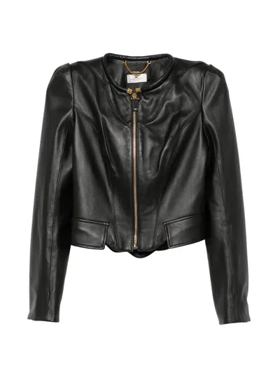 Elisabetta Franchi Leather Jacket With A Zipper In Black