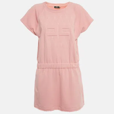 Pre-owned Elisabetta Franchi Pink Logo Embossed Cotton Knit Mini Dress L