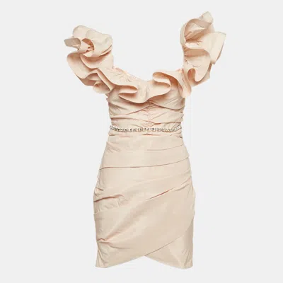 Pre-owned Elisabetta Franchi Pink Ottoman Taffeta Ruffled Off-shoulder Mini Dress M