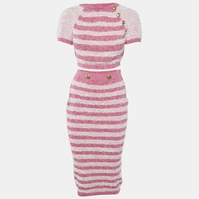 Pre-owned Elisabetta Franchi Pink Textured Stretch Knit Crop Top And Skirt Set M
