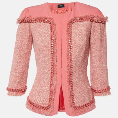 Pre-owned Elisabetta Franchi Pink Tweed And Crepe Chain Detail Jacket M