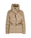 Elisabetta Franchi Piumino In Tessuto Vela Jacquard Con Cintura Honey In Brown