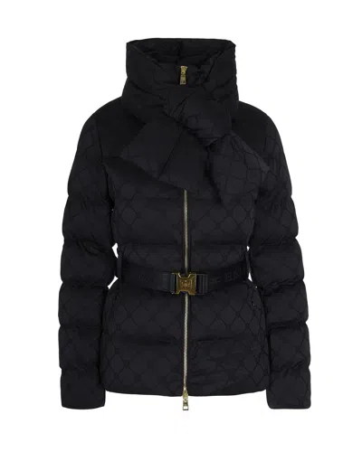 Elisabetta Franchi Piumino In Tessuto Vela Jacquard Con Cintura Nero In Black