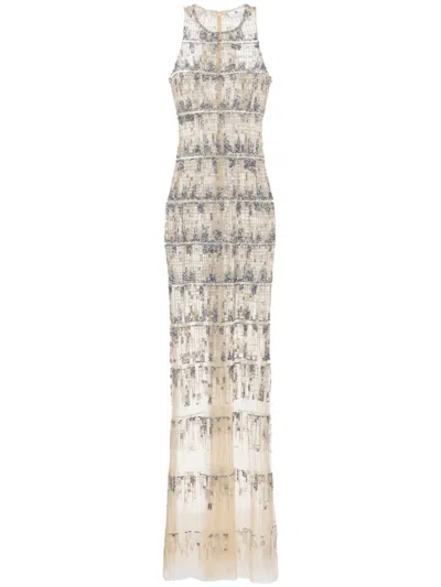 ELISABETTA FRANCHI PIXEL-PATTERN SEQUIN-EMBROIDERED TULLE RED CARPET DRESS