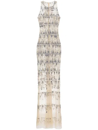 Elisabetta Franchi Pixel-pattern Sequin-embroidered Tulle Red Carpet Dress In Multicolor